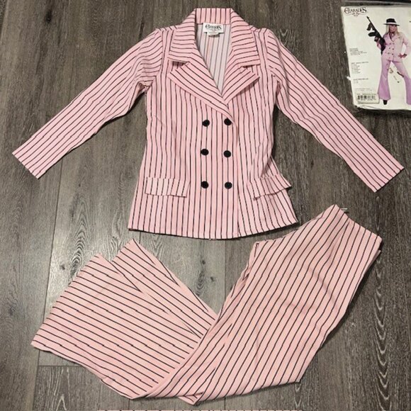 Charades Gangster Moll Suit Costume Pink Double Breasted Pin Striped Suit Small - Picture 2 of 8